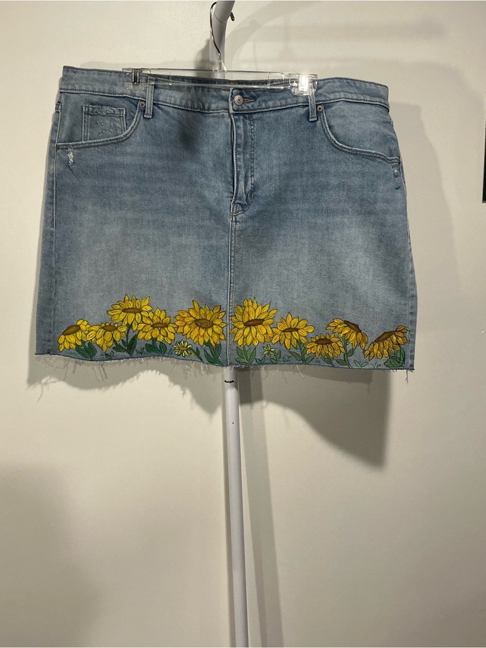 UPCYCLED  Old Navy Denim Mini Skirt with HANDPAINTED Yellow Sunflower Trim